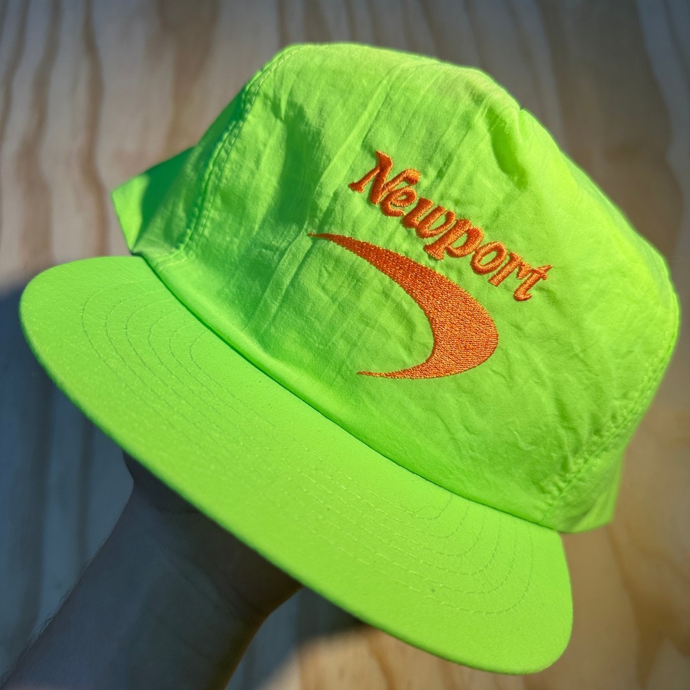 Vintage Newport Neon Green Nylon Snapback Hat Orange Swoosh Logo OSFA